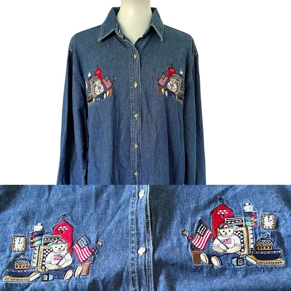 Vtg Quizz Again Denim Shirt Blouse Top Women XL Denim Bears School Teacher Shirt